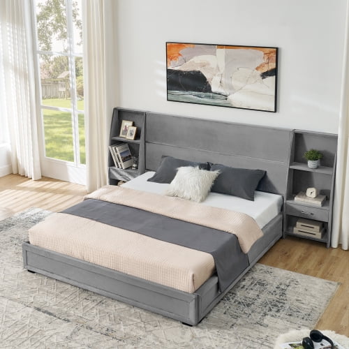 Queen Size Storage Platform Bed, Velvet Upholstered Headboard, Side Shelves and Drawers Built-In, No Box Spring Needed, Bedroom, Gray