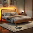 thumbnail image 1 of Queen Size Storage Platform Bed, Wood Bed Frame with LED Light, Rattan Headboard for Bedroom, 1 of 18