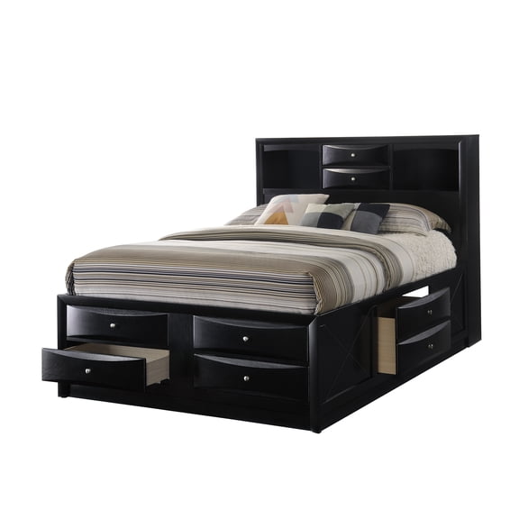 Queen Size Storage Platform Bed with Bookcase Headboard & 8 Drawers, Modern Black Bed Frame