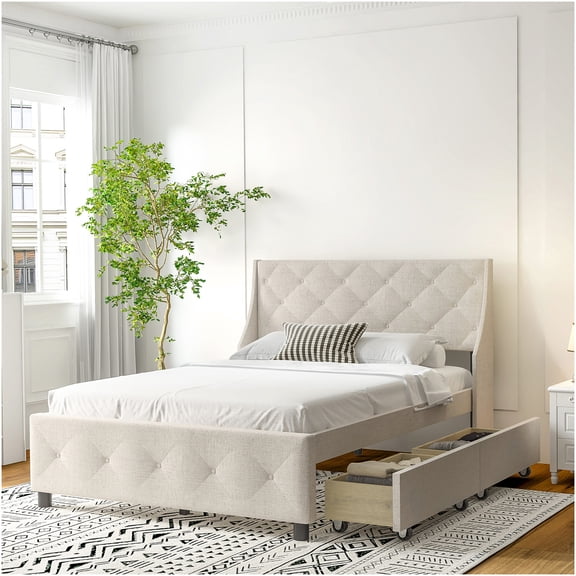 Queen Size Storage Platform Bed with Headboard, 4-Drawer Bed Frame with Strong Metal Slats, Noise-Free Mattress Support, Carbon Gray Finish