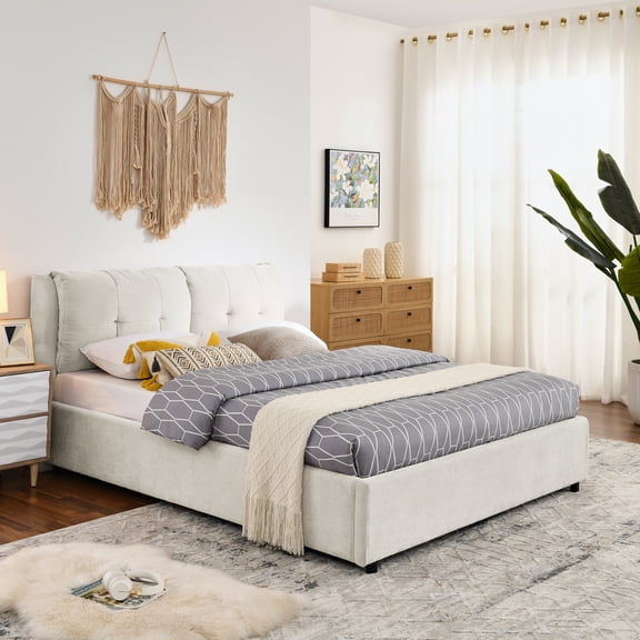 Queen Size Storage Upholstered Hydraulic Platform Bed with Integrated Headboard, Chenille Fabric, Hidden Lifting Storage Compartment, No Box Spring Needed, Modern Bed Frame for Bedroom, Beige