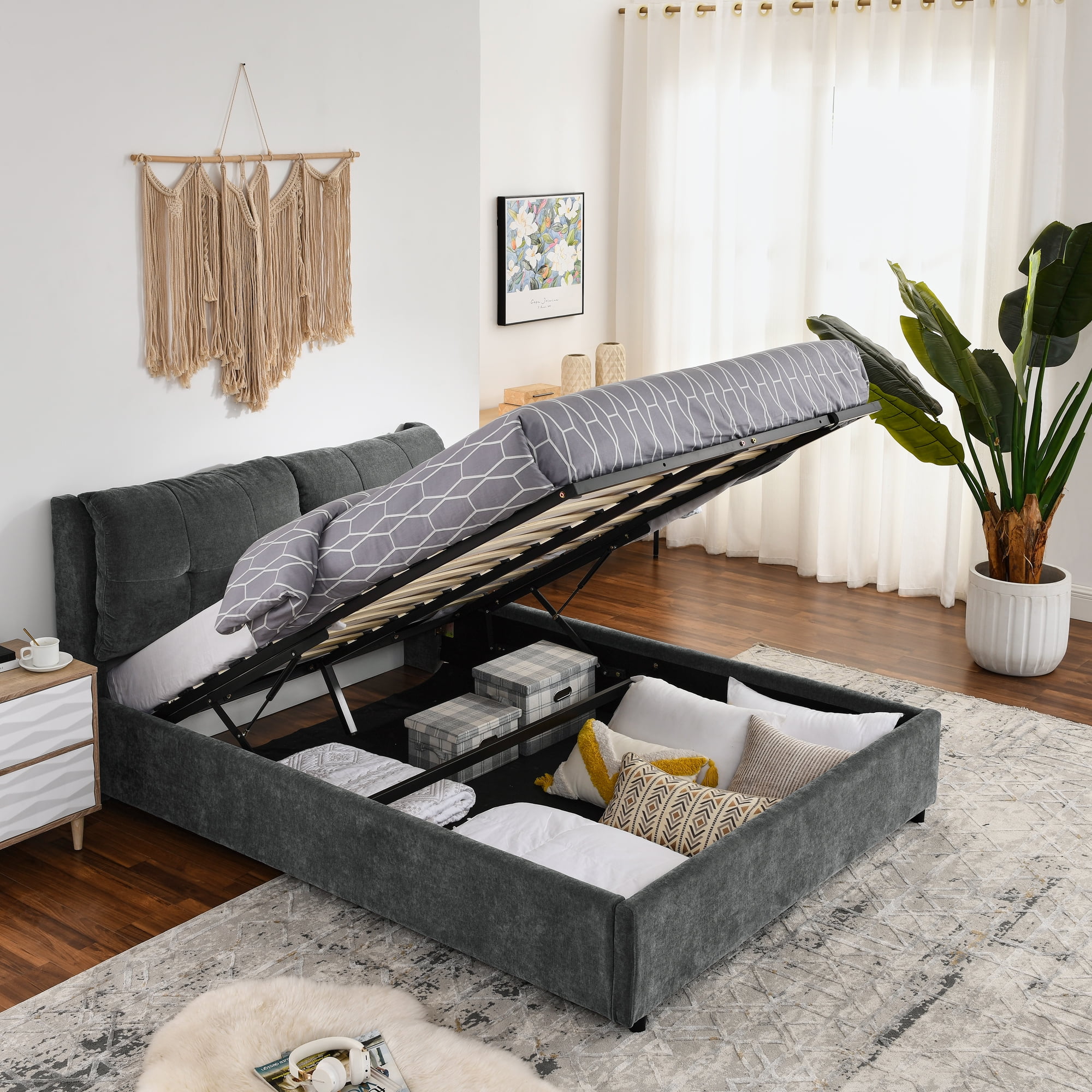 Queen Size Storage Upholstered Hydraulic Platform Bed with Integrated ...