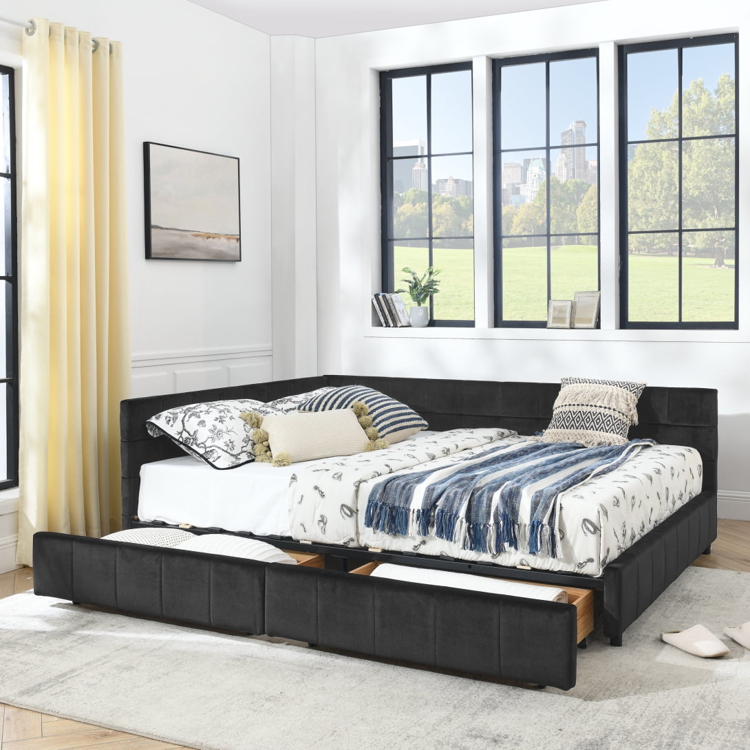 Queen Size Storage Upholstered Tufted Bed Frame with 2 Storage Drawers, Sofa Bed Frame with Comfortable Backrest and Armrests, Velvet Platform Bed for Bedroom, Living Room, No Box Spring Needed, Black