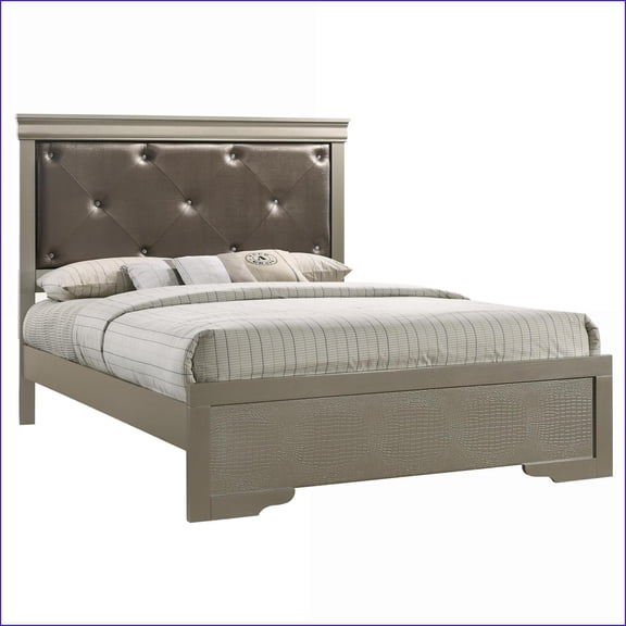Queen Size Sturdy Elegant Transitional Bed Frame with Silver Champagne Finish for Master & Guest Bedrooms