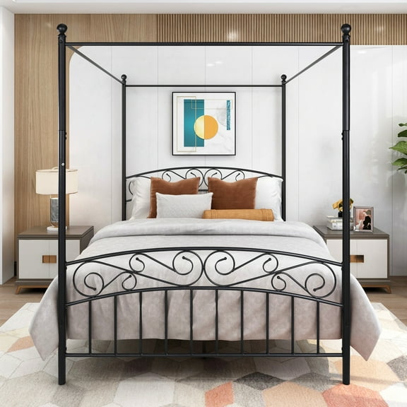 Queen Size Sturdy Metal Canopy Bed Frame with Headboard and Footboard, Holds 600 lbs, Easy Assembly, All Parts Included, Black