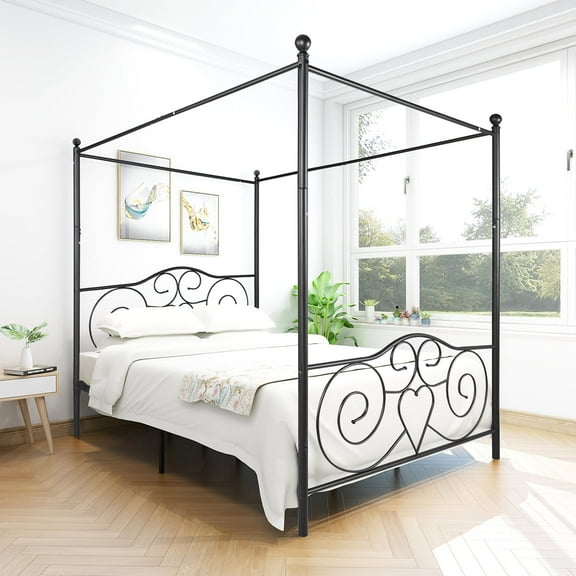 Queen Size Sturdy Metal Canopy Bed Frame with Headboard and Footboard, Holds 600 lbs, Easy Assembly, Black