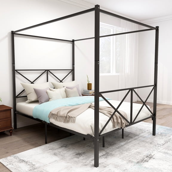 Queen Size Sturdy Metal Canopy Bed Frame with Headboard and Footboard, Holds 600 lbs with X Shaped Frame, Easy Assembly, All Parts Included
