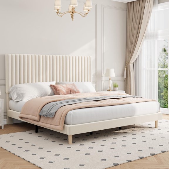 Queen Size Suede Upholstered Platform Bed - Adjustable Headboard, Wood Slats, No Box Spring