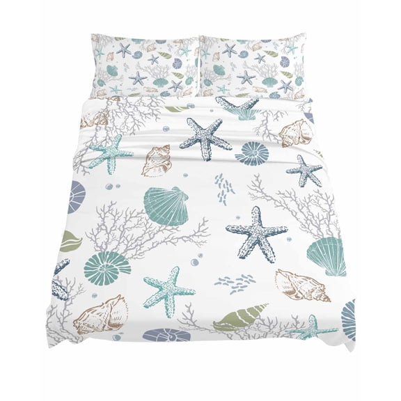 Queen Size Summer Beach Sheet Sets Nautical Starfish Coral Shell Teal Ocean Soft Breathable Microfiber Bed Sheets Deep Pockets 4 Piece Bed Sheets Set, 1 Fitted Sheet, 1 Flat Sheet & 2 Pillowcases