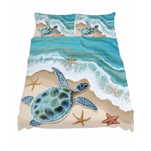 Queen Size Summer Beach Sheet Sets Sea Turtle Spray Starfish Scenery Coastal Soft Breathable Microfiber Bed Sheets Deep Pockets 4 Piece Bed Sheets Set, 1 Fitted Sheet, 1 Flat Sheet & 2 Pillowcases