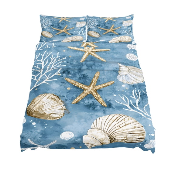 Queen Size Summer Nautical Sheet Sets Conch Shell Starfish Ocean Soft Breathable Microfiber Bed Sheets Deep Pockets 4 Piece Bed Sheets Set, 1 Fitted Sheet, 1 Flat Sheet & 2 Pillowcases