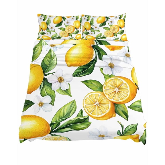 Queen Size Summer Sheet Sets Lemon Jasmine Floral Leaves Watercolor Fruit Soft Breathable Microfiber Bed Sheets Deep Pockets 4 Piece Bed Sheets Set, 1 Fitted Sheet, 1 Flat Sheet & 2 Pillowcases