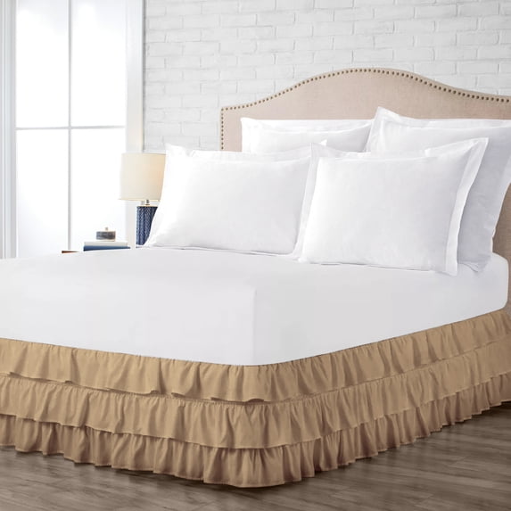 Queen Size Tailored Drop Multi Ruffled Solid Bed Skirt with Adjustable Elastic Belt Microfiber Fabric Fade & Wrinkle Resistant Bed Frame Cover Easy to Fit & Care (17 Inch Drop, Taupe)