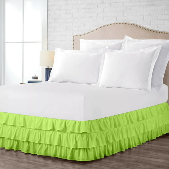 Queen Size Tailored Drop Multi Ruffled Solid Bed Skirt with Adjustable Elastic Belt Microfiber Fabric Fade & Wrinkle Resistant Bed Frame Cover Easy to Fit & Care (9 Inch Drop, Parrot Green)