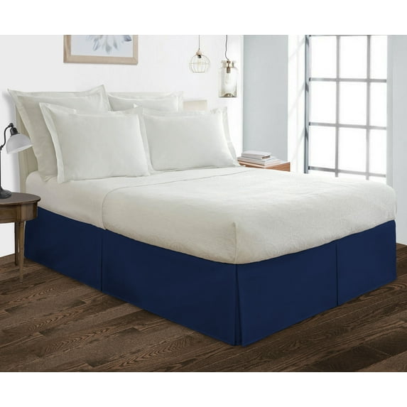 Queen Size Tailored Drop Pleated Solid Bed Skirt with Adjustable Elastic Belt Microfiber Fabric Fade & Wrinkle Resistant Bed Frame Cover Easy to Fit & Care (17 Inch Drop, Navy Blue)