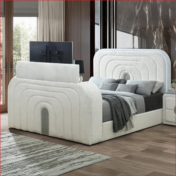 Queen Size Teddy Sherpa Platform Bed with LED Headboard, Fireplace, TV Lift & Bluetooth - White