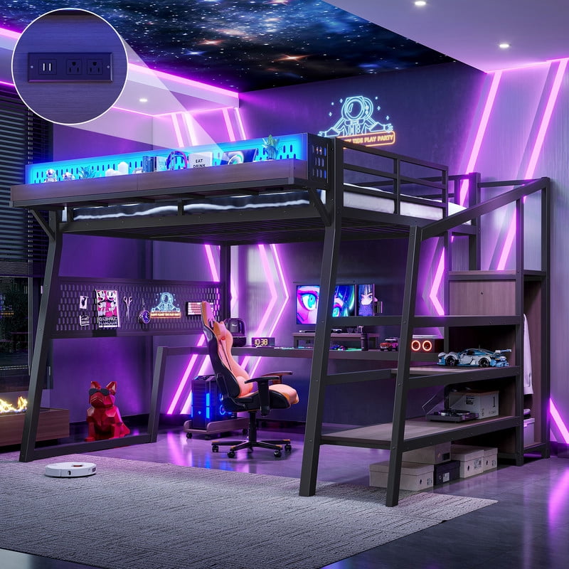 Queen Size Teens Loft Bed with Storage Stairs & Wardrobe, Metal Gaming Bed Frame with Pegboard, LED Lights & Power Outlet