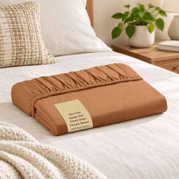 Queen Size Tera Clay Percale Fitted Sheet, Long-Staple Cotton, Deep Pocket, All-Season Bed Sheet