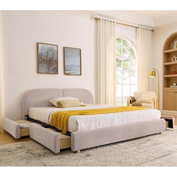 Queen Size Thick Boucle Platform Bed Frame with Upholstered Curved Headboard & 4 Storage Drawer