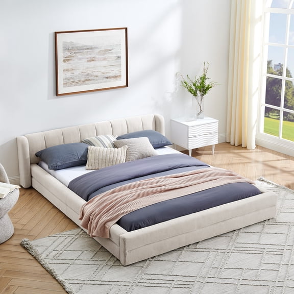 Queen Size Thick Chenille Upholstered Platform Bed with Solid Frame and Headboard, No Box Spring Needed, Beige