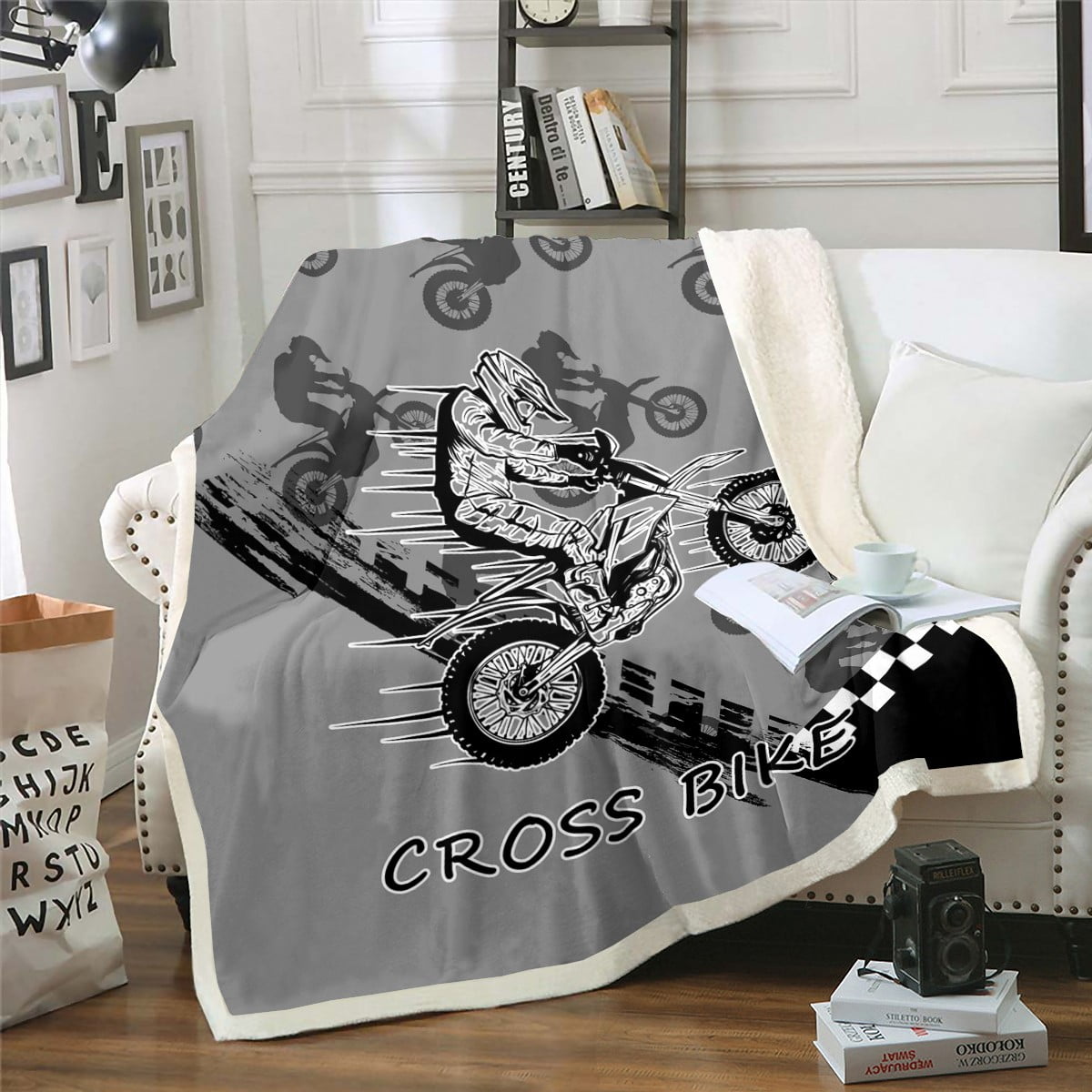 Dirt Bike Motocross Throw Blanket Queen Size - Blue Fleece & Sherpa Blanket For Boys, Teens, Men