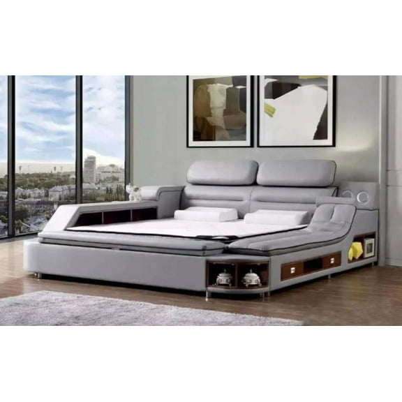 Queen Size Top grain Italian Leather Multi-Functional Bed In Black