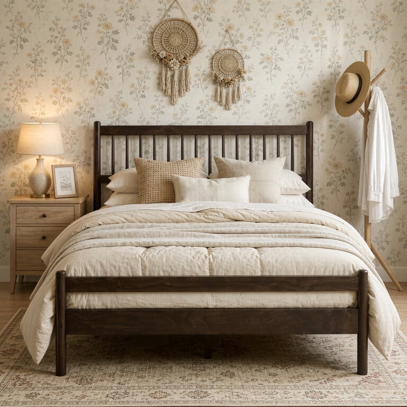 Queen Size Traditional Style Low Profile Platform Bed with Headboard and Footboard, Wood Bed Frame with Rounded Bedpost