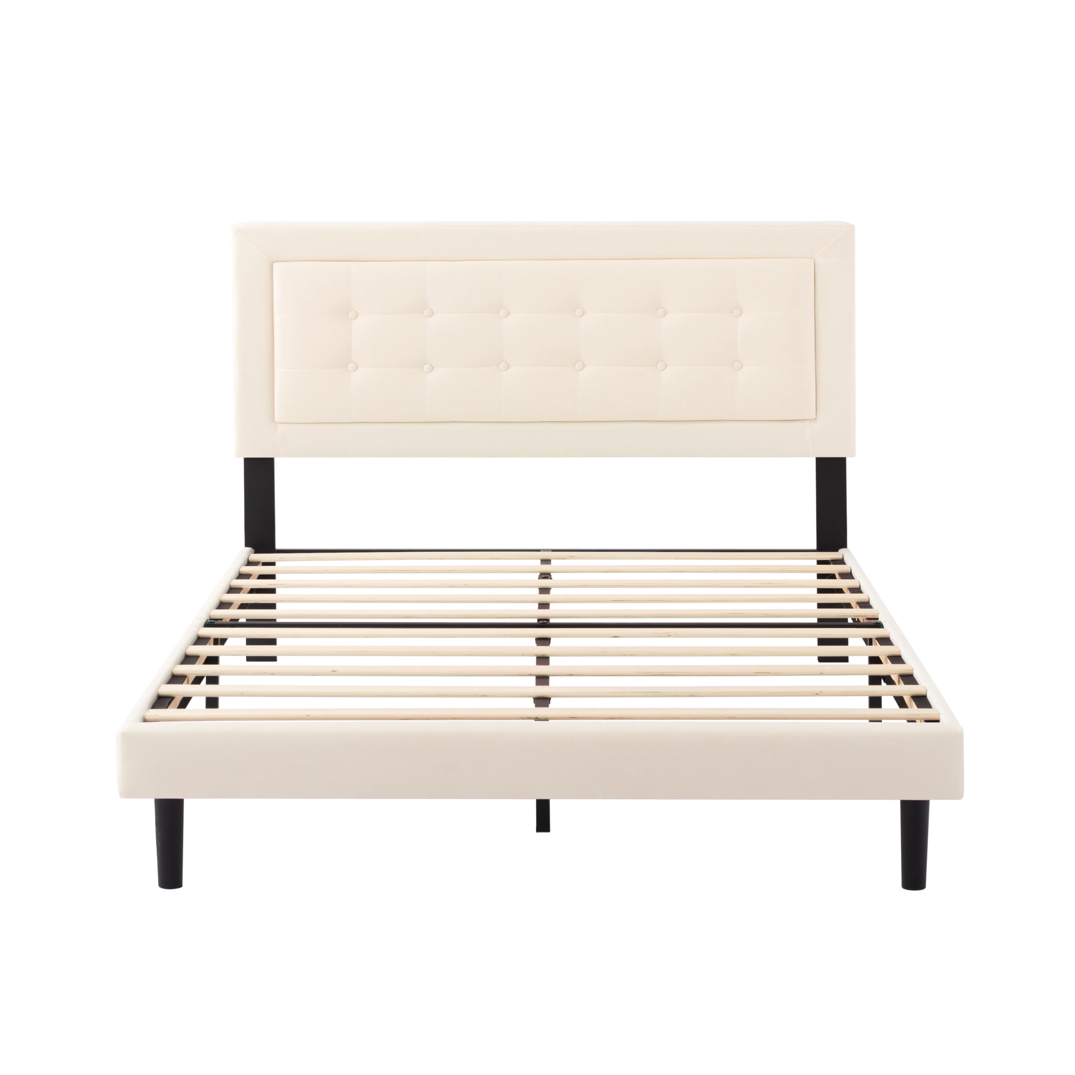 Queen Size Tufted Fabric Upholstered Platform Bed with Solid Wood Slat Support, No Box Spring Needed Easy-Assemble Bedroom Bed Frame