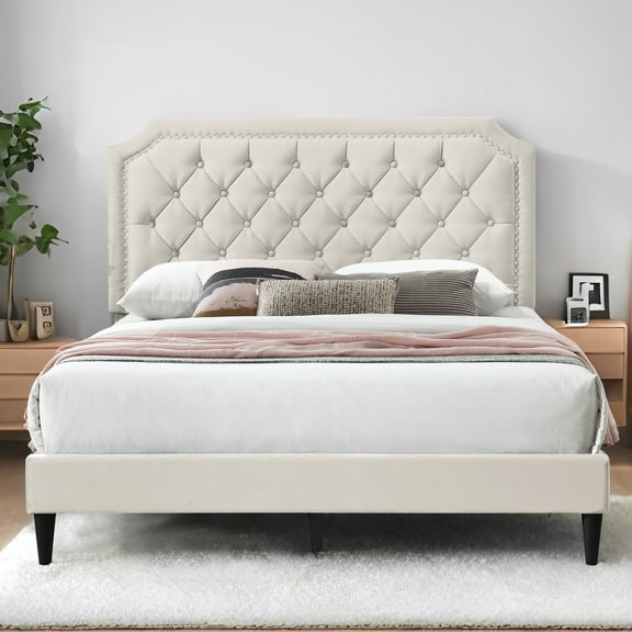 Queen Size Tufted Platform Bed Frame, Bed Frame with Fabric Upholstered Headboard, Upholstered Bed Frame with Wood Slat Support, No Box Spring Needed, Beige
