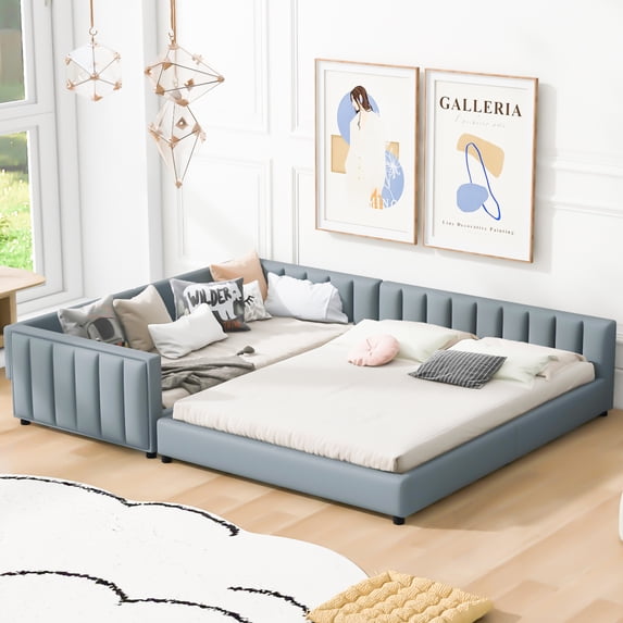 Queen Size & Twin XL Size Upholstered Platform Bed, Grounded Bed Mother & Child Bed with Three-side Upholstered Rail, PU Leather Floor Platform Bed Frame with Slats, No Box Spring Needed, Gray
