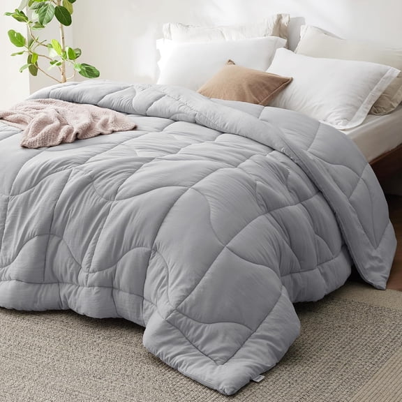 Queen Size Ultra-Soft Quilted Down Alternative Comforter Prewashed Microfiber 88x88 Inches Light Grey