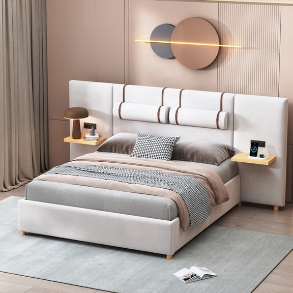 Queen Size Upholstered Bed | 2 Outlets & USB, Pillows, Shelves, Velvet