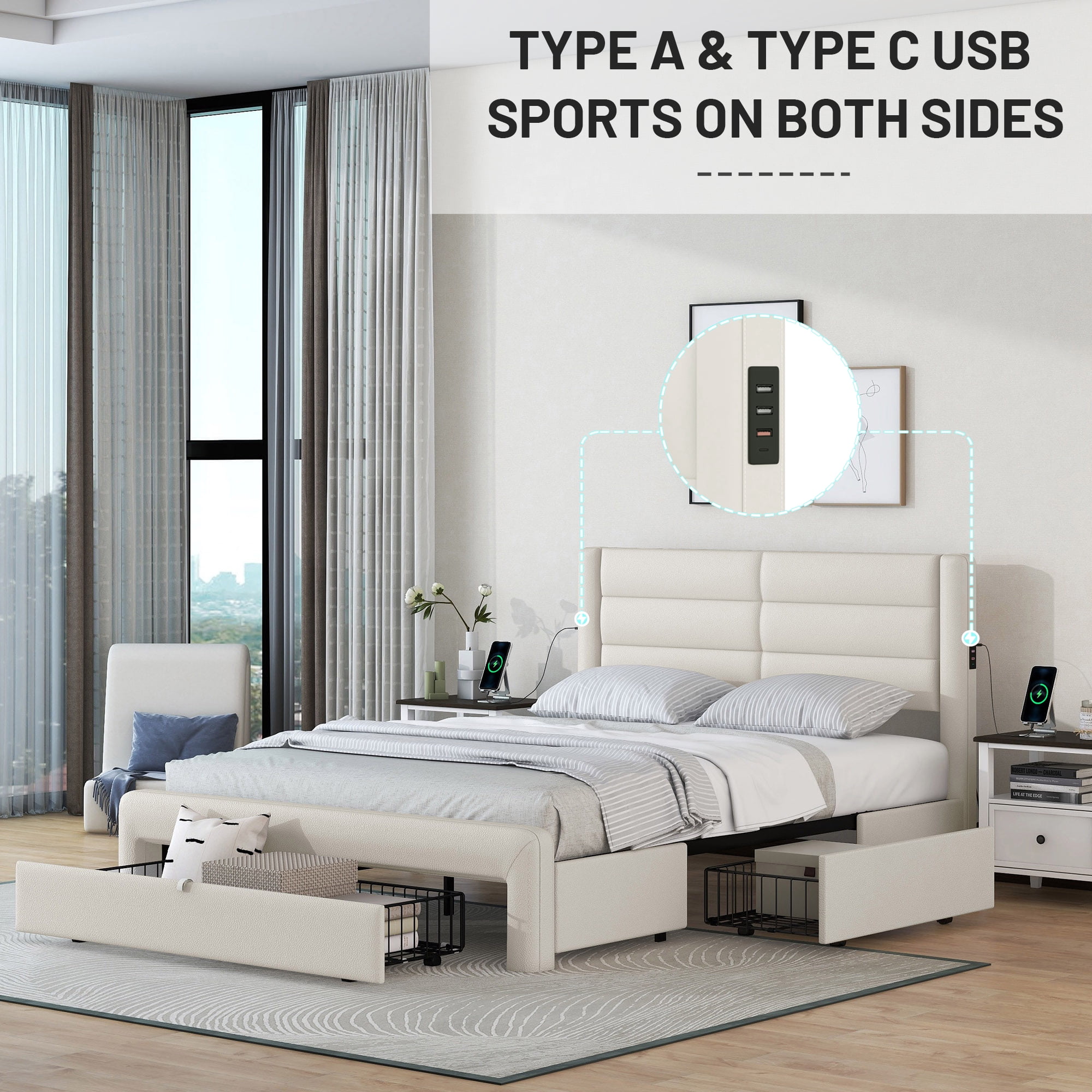 Queen Size Bed Frame with Charging Station and Upholstered Headboard