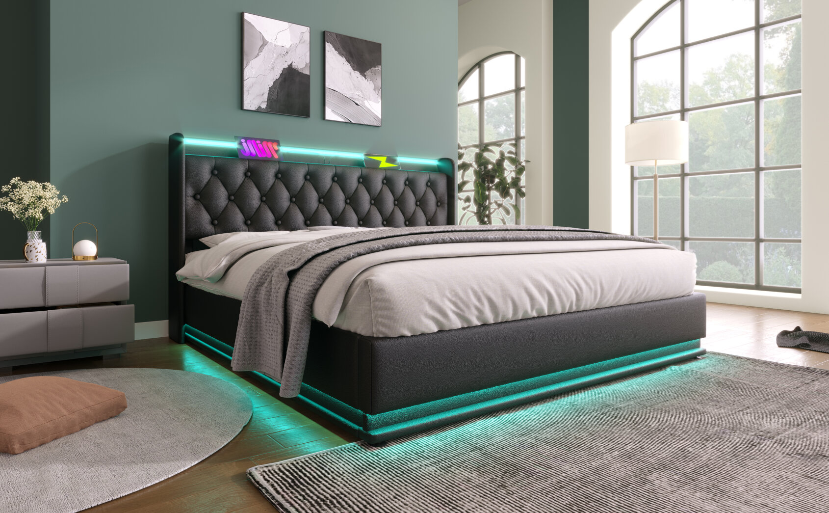 Queen Size Upholstered Bed with 360 Surround LED Function, PU Leather ...