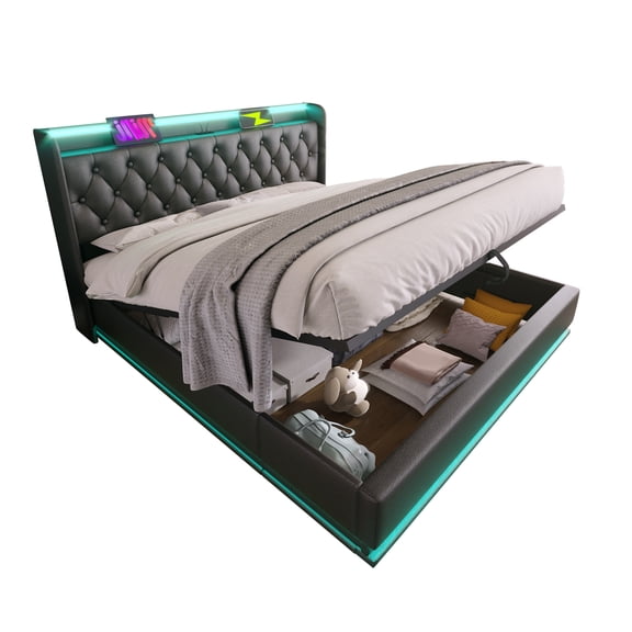 Queen Size Upholstered Bed, 360 Surround Led Function, Buttons/Apps/Remote Control, Hydraulic Storage Bed With Usb Type-C Charging, Black,Pu (Without Mattress)