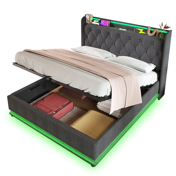 Queen Size Upholstered Bed, 360 Surround Led Function, Buttons/Apps/Remote Control, Hydraulic Storage Bed With Usb Type-C Charging, Gray, Linen (Without Mattress)