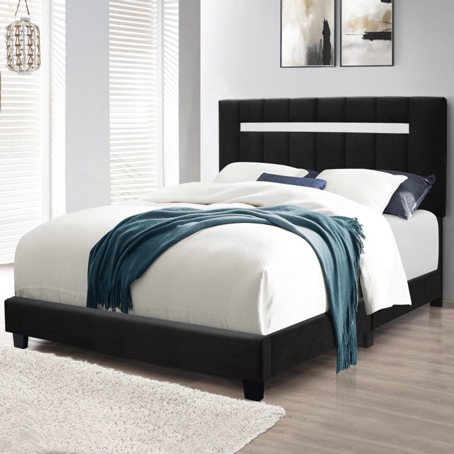 Blue Velvet Queen Size Platform Bed Frame With Upholstered Headboard - No Box Spring Needed, Diamond Tufted, Modern 1 thumbnail image