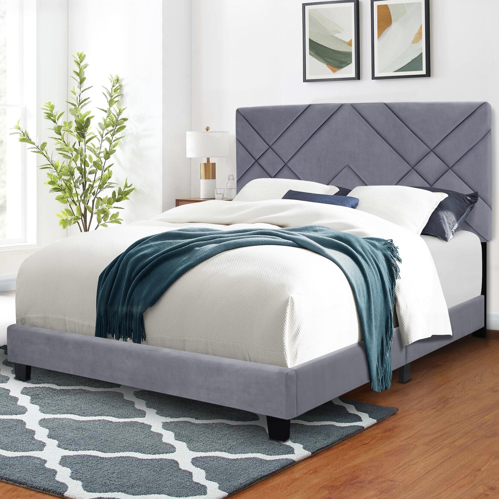 Queen Size Upholstered Bed, Adjustable Upholstered Platform Bed Frame 