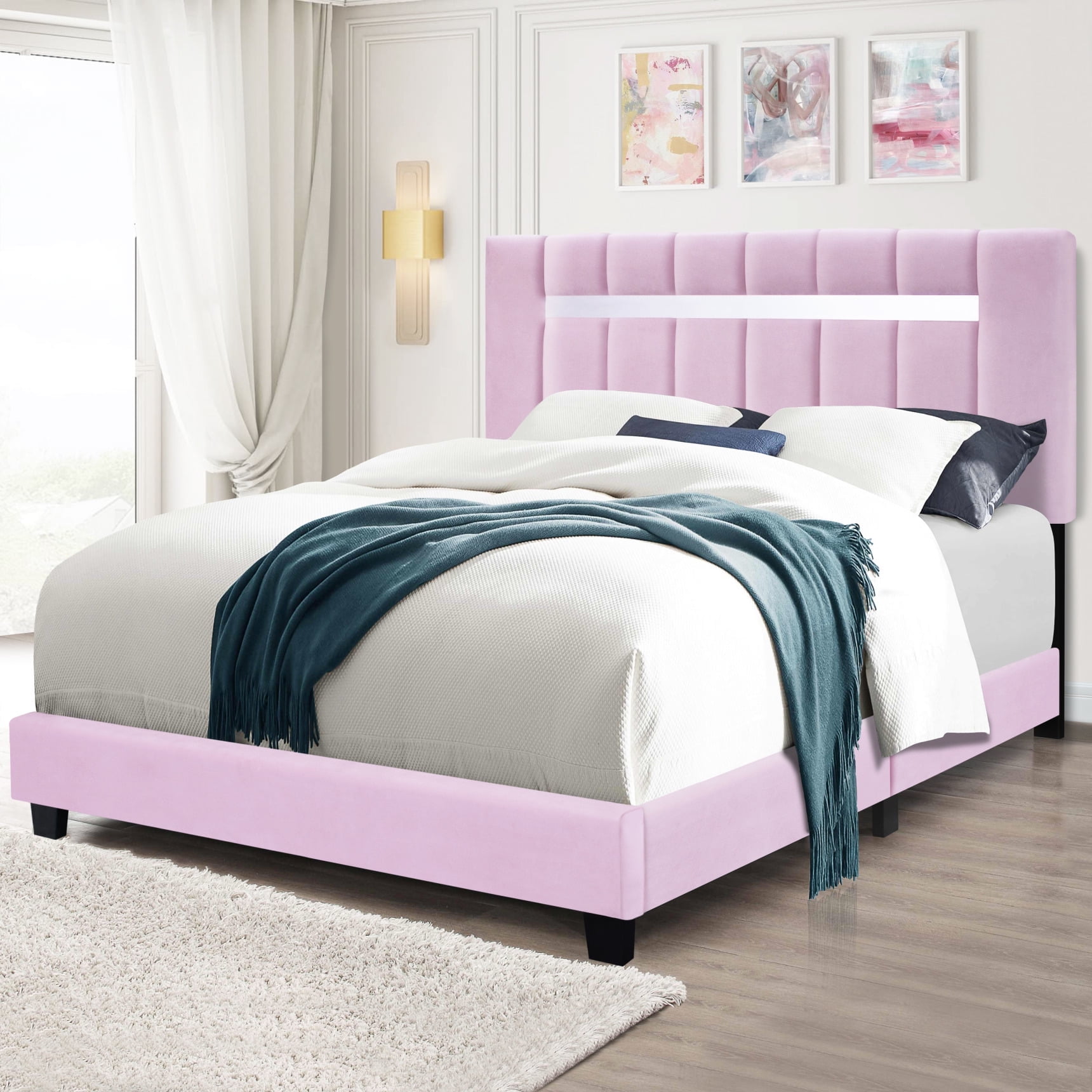 Queen Size Upholstered Bed, Adjustable Upholstered Platform Bed Frame,  Velvet Upholstered Bed for Teenage Girl, No Box Spring Required, Pink, image size:1720x1720