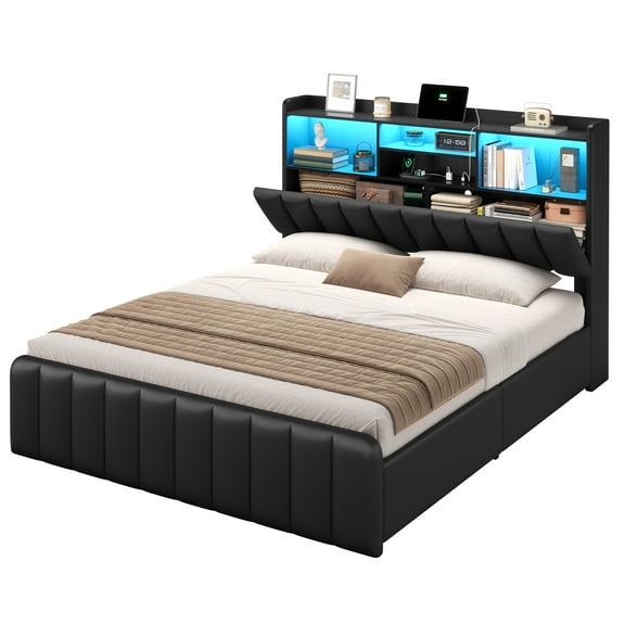 Queen Size Upholstered Bed with Bookcase Headboard, Bed Frame with 4 Oversized Storage Drawers, Queen Platform Bed Frame with LED Lights and Charging Station, Strong Metal Slats, Black