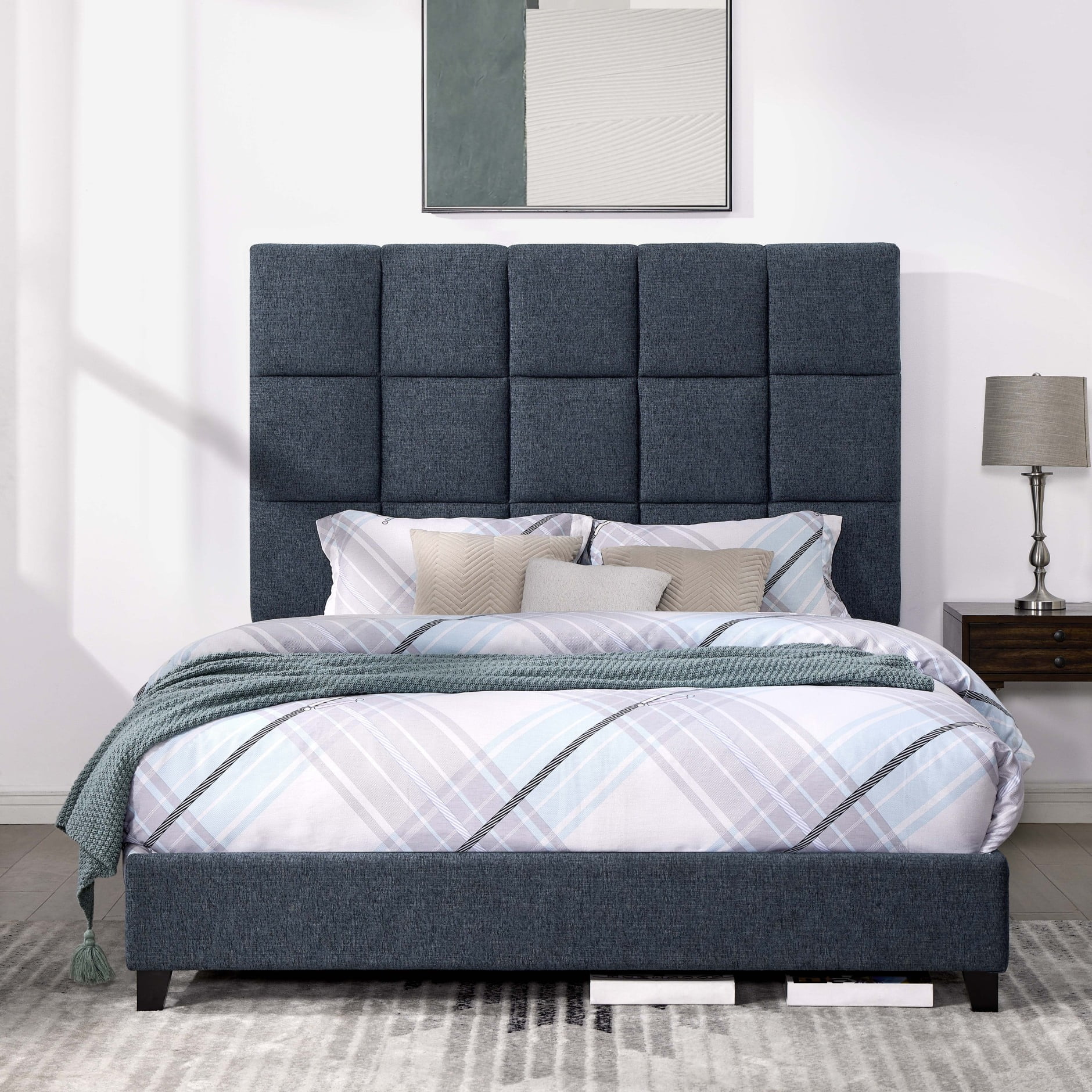 Queen Size Upholstered Bed, Denim Squares Upholstered Platform Bed Frame, Upholstered Bed, Navy Blue