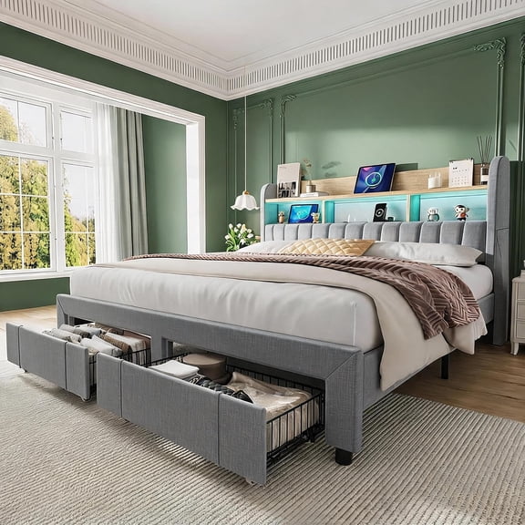 Queen Size Upholstered Bed Frame with 2 Drawers and LED Lights, Grey | Platform Bed Frame with Charging Station and Storage Headboard, Heavy Duty, No Box Spring Needed, Easy Assembly