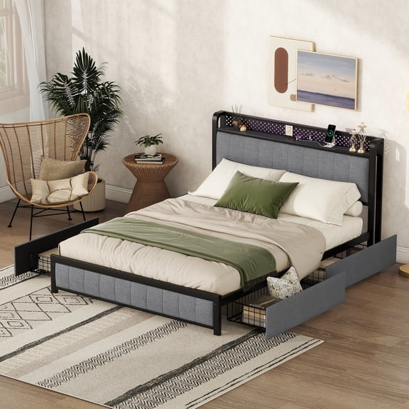 Queen Size Upholstered Bed Frame with 4 Drawers and LED Headboard,Linen Modern Upholstered Platform Bed,Built in Charging Station,Noise-Free,Metal Support,No Box Spring Needed for Bedroom