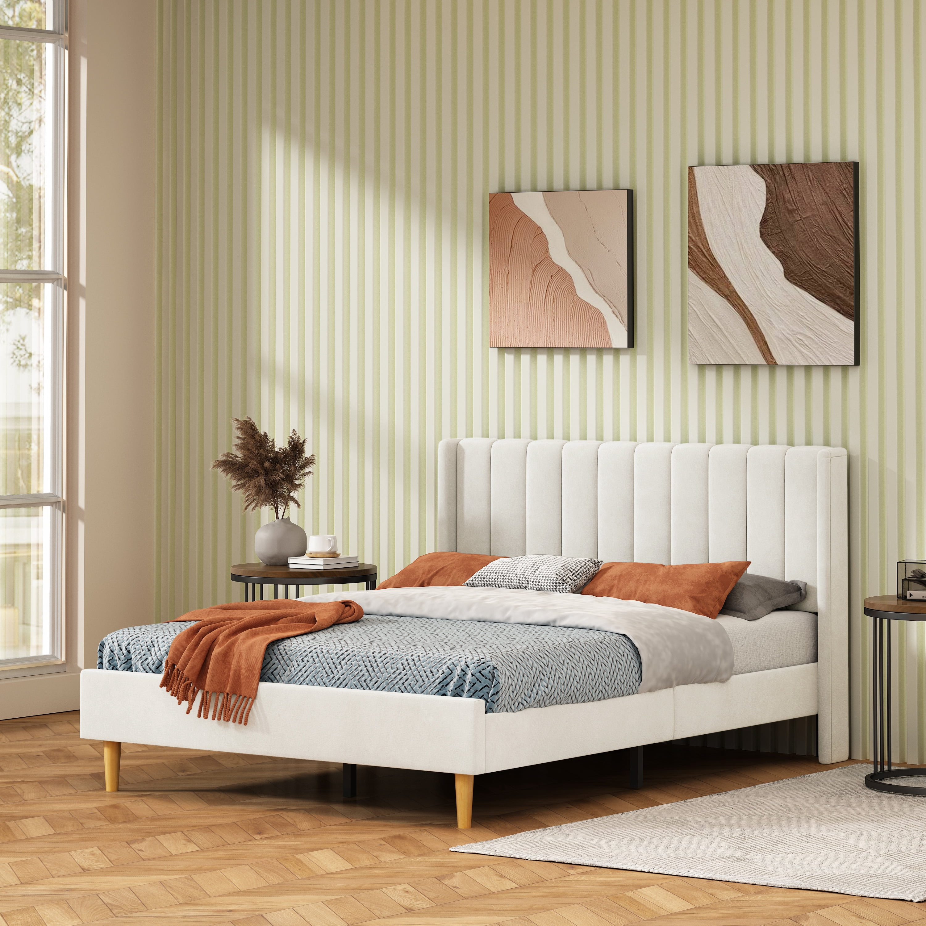 Queen Size Upholstered Bed Frame,40.9" High Headboard,Strong Metal Frame,Wooden Slats Support,No Box Spring Needed,Easy Assembly,Velvet Fabric,Cream