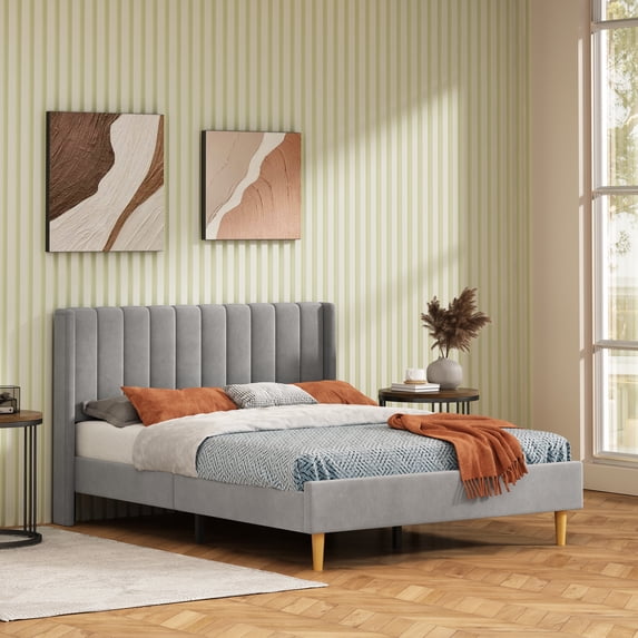 Queen Size Upholstered Bed Frame,40.9" High Headboard,Strong Metal Frame,Wooden Slats Support,No Box Spring Needed,Easy Assembly,Velvet Fabric,Gray