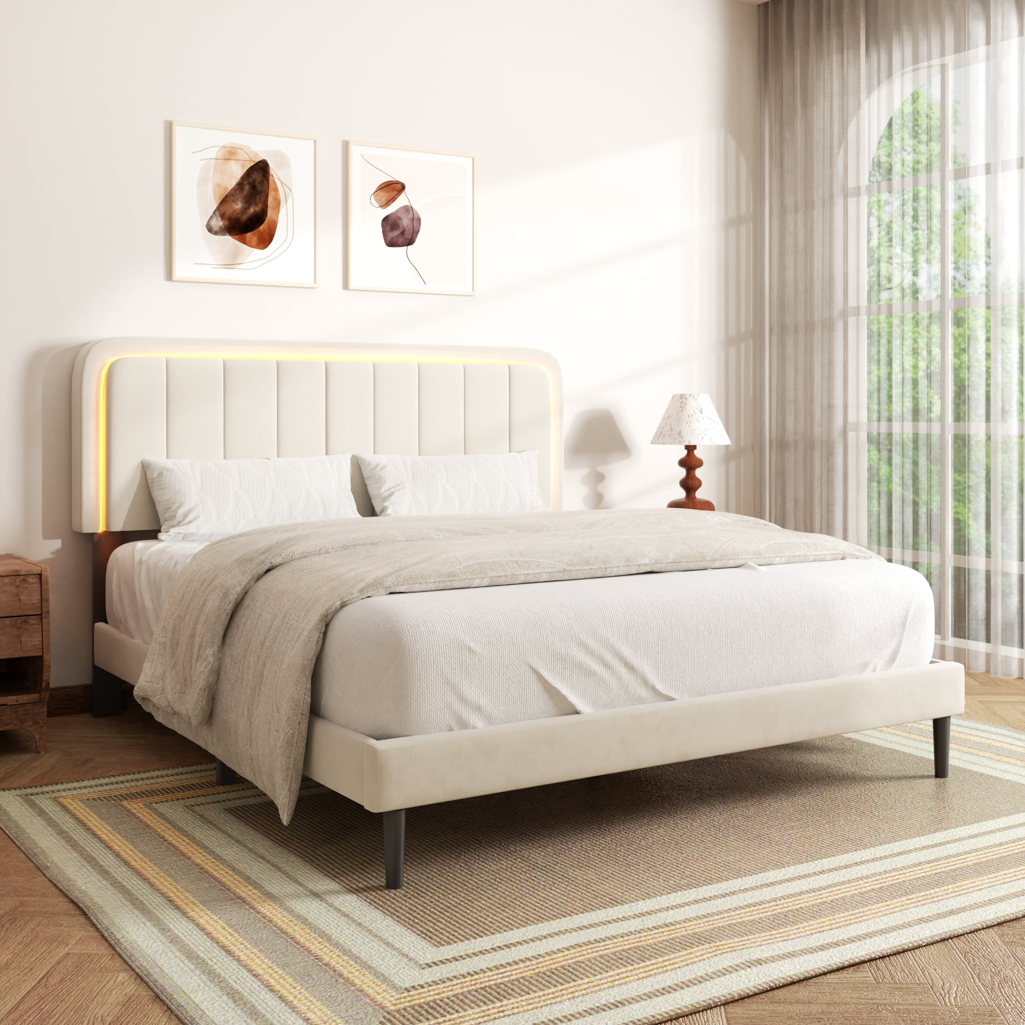 Queen Size Upholstered Bed Frame with Adjustable Headboard, LED Lights, Wooden Slat Support, Velvet Platform Bed, No Box Spring Needed, Easy Assembly, Noise-Free, Beige