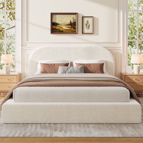 BOSHIRO Queen Upholstered Platform Bed Frame, Soft Bedframe with Round Headboard, No Box Spring Required, Easy Assembly, Beige