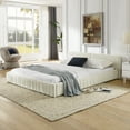 thumbnail image 1 of Queen Size Upholstered Bed Frame - Beige Chenille Fabric, Pleated Design Platform Bed w/ Headboard. Solid Frame, No Box Spring Needed. 88"*67"*23.5", Modern Bedroom Furniture., 1 of 10