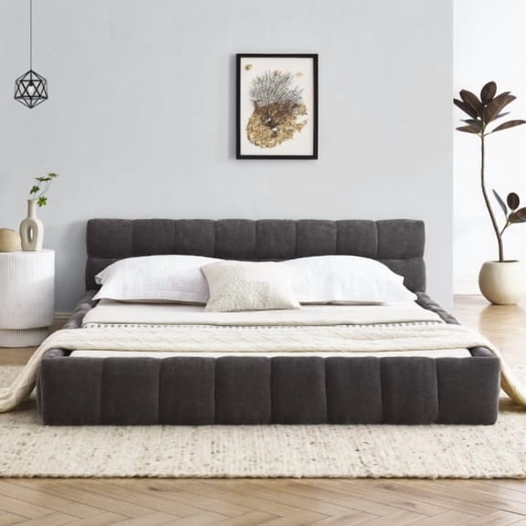 Queen Size Upholstered Bed Frame with Chenille Fabric, Grounded Platform Bed No Box Spring Needed, Thick Fabric Headboard Solid Frame for Bedroom, Dark Grey