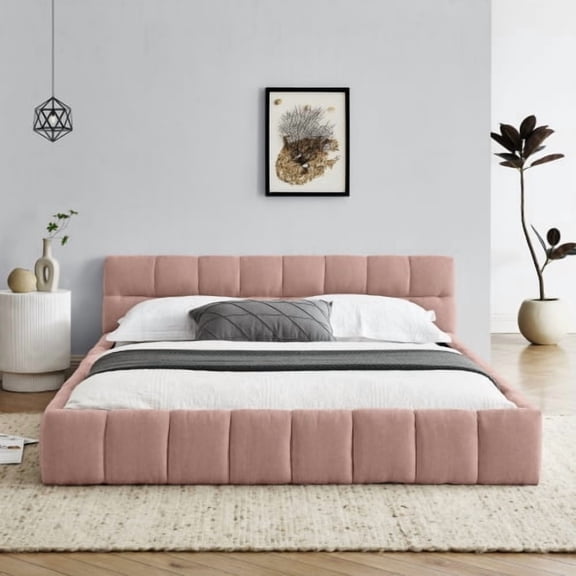 Queen Size Upholstered Bed Frame with Chenille Fabric, Grounded Platform Bed No Box Spring Needed, Thick Fabric Headboard Solid Frame for Bedroom, Pink